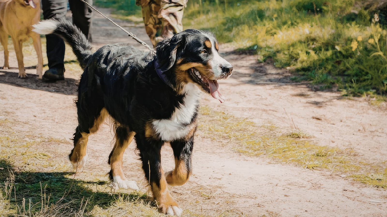 cachorro Bernese Mountain Dog andando rebolando